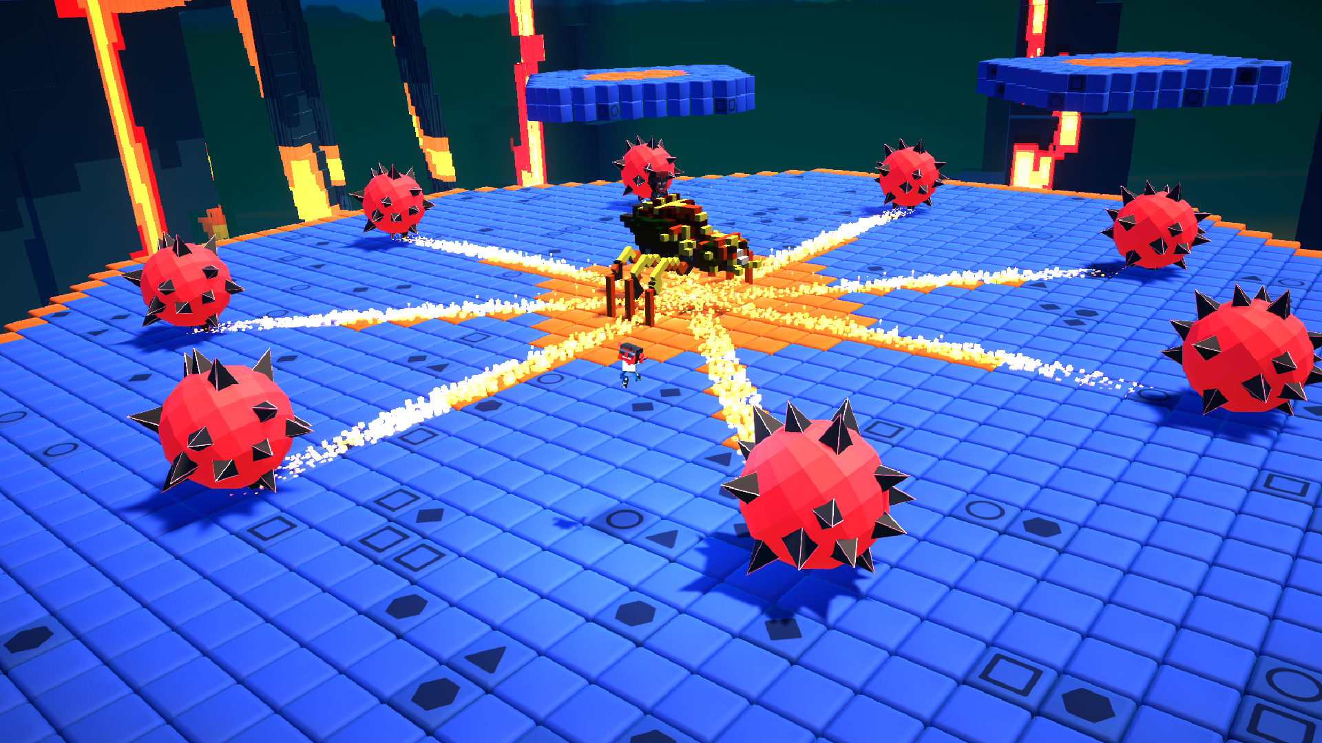 Voxel arena with spike enemies illustrating live-ops and backend